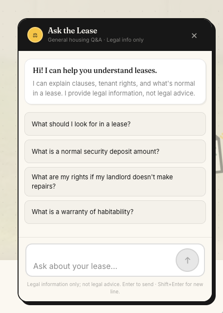 Ask the Lease chatbot widget. Sage header with the wordmark, hand-drawn key icon prompt cards for 'Find legal aid', 'Notice for entry', 'Deposit limits', and 'Eviction process', plus a state selector dropdown set to California and a 'Type your question' input.